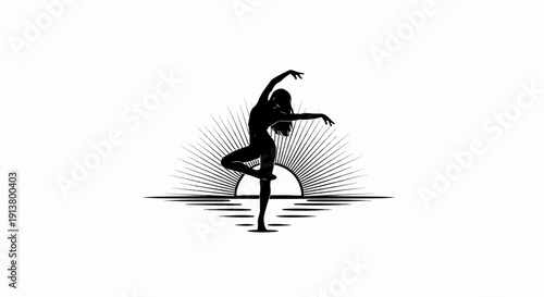 Silhouette of a female dancer in a graceful pose against a radiating sun and water