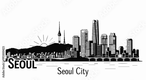 Silhouette of a vibrant city skyline at sunrise with mountains in the background