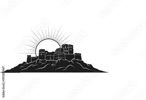 Silhouette of a fortress on a hill under a sunburst