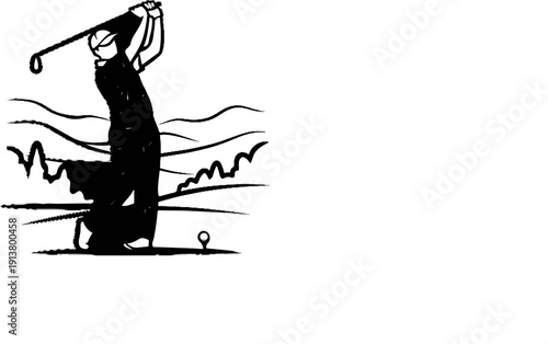 Silhouette of a golfer swinging, with abstract landscape background