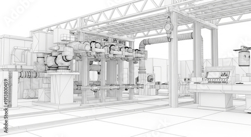 Industrial Factory Machinery Equipment Blueprint Sketch.