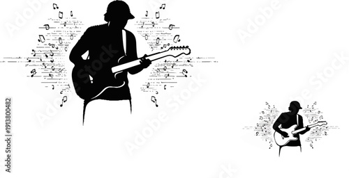 Silhouette of a guitarist playing, surrounded by musical notes and abstract sound waves