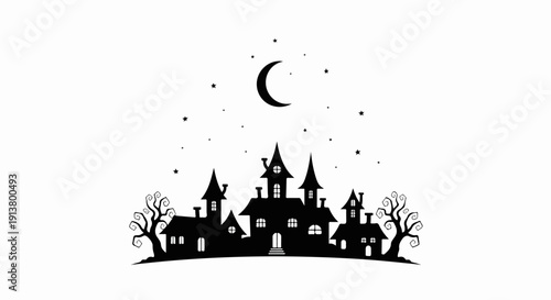 Silhouette of a haunted house with a crescent moon and stars