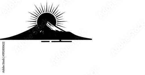 Silhouette of a majestic mountain peak with a radiant sun rising above