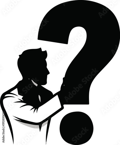 Silhouette of a man contemplating a large, black question mark