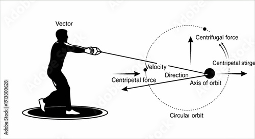 Silhouette of athlete swinging object in circular motion, illustrating physics forces