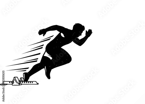 Silhouette of athlete sprinting from starting blocks with motion lines