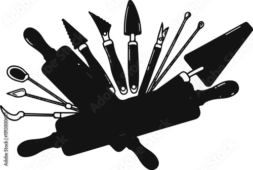 Silhouette of baking and sculpting tools arranged radially