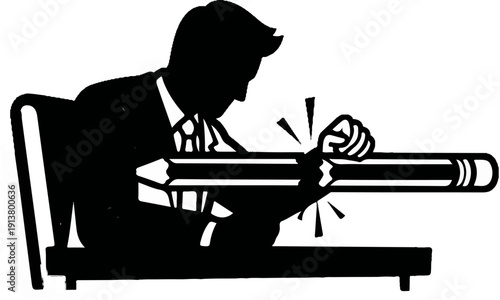 Silhouette of a man in a suit sharpening a pencil vigorously