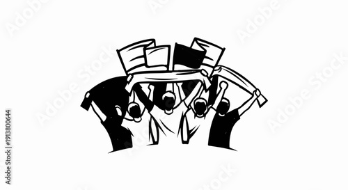 Silhouette of cheering crowd holding up flags and a banner