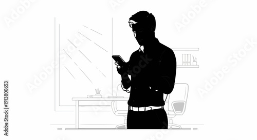 Silhouette of a man looking at his phone in an office