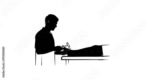 Silhouette of doctor examining a patient's knee with a reflex hammer on examination table