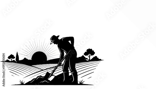 Silhouette of farmer working in fields at sunrise with stylized sun