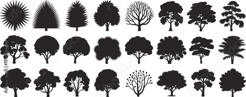 Tree silhouettes vector collection forest botanical nature black icons set isolated white background illustration foliage landscape bundle
