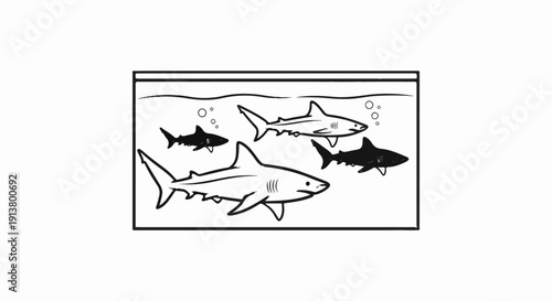 Simple illustration of five sharks swimming in an aquarium