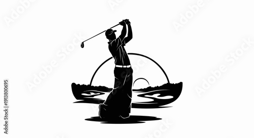 Silhouette of golfer mid-swing against a stylized sunset and landscape