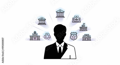 Silhouette of person in suit surrounded by icons of public services and buildings