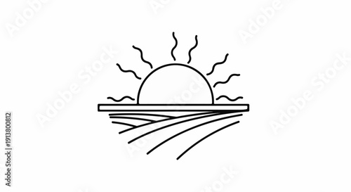 Simple line art of a sun rising over rolling hills or fields