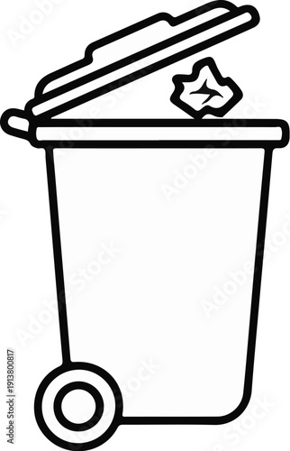 Simple line art of an open trash can with a crumpled piece of paper inside and a wheel