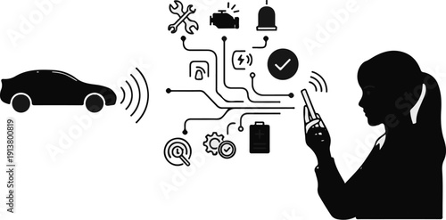 Silhouette of person interacting with car tech via phone interface
