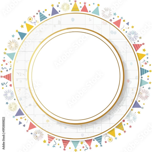 Celebratory plate with gold rim and festive decorations in a circular pattern