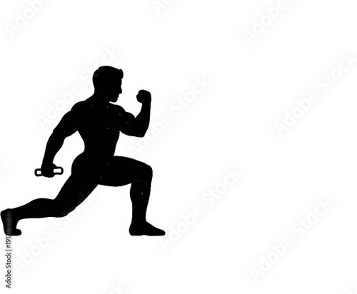 Silhouette of a muscular man performing a lunge with a dumbbell