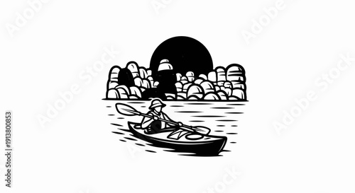 Silhouette of person kayaking on water with sun and rocky background
