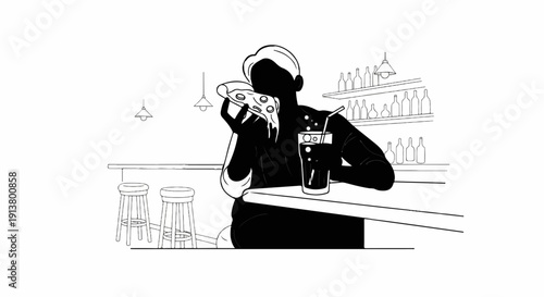 Silhouette of a person eating pizza with a drink at a bar