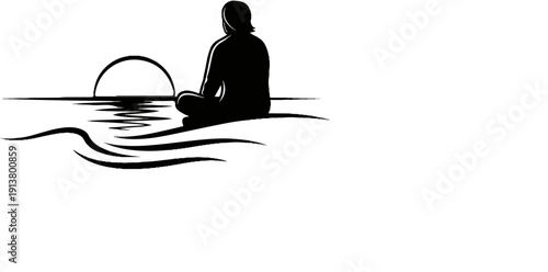 Silhouette of person meditating on beach at sunrise