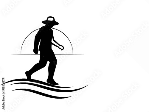 Silhouette of person wearing hat walking on water waves