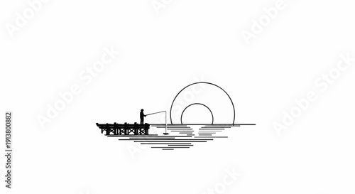 Silhouette of a person fishing from a wooden pier as two concentric circles rise from the water