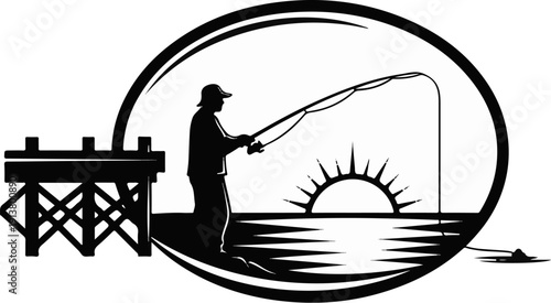 Silhouette of a person fishing from a pier at sunrise