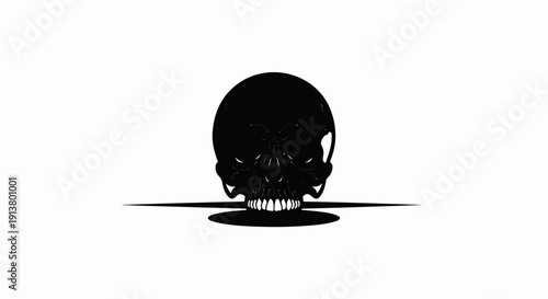 Stark black skull with hollow eye sockets and sharp teeth, casting a shadow