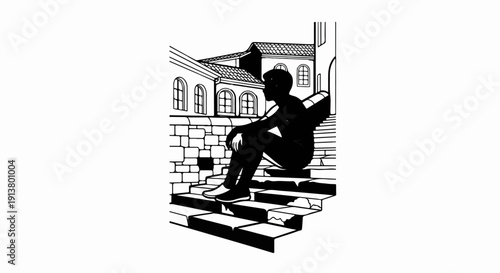 Silhouette of a person sitting on stone steps in a European-style courtyard