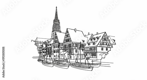 Sketch of historic timbered houses and sailing boats lined up along a waterfront