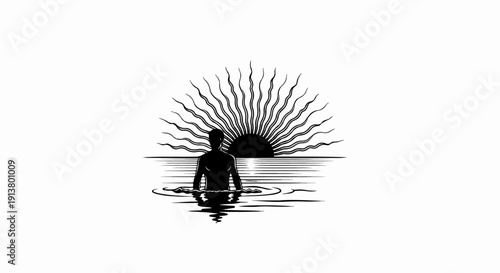 Silhouette of a person standing in water with a radiating sun