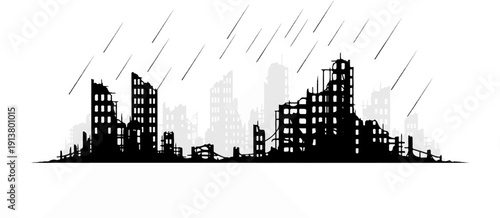 Silhouette of ruined city buildings under a sky with falling streaks of light