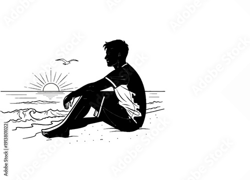 Silhouette of a person sitting on the beach at sunrise, watching the waves