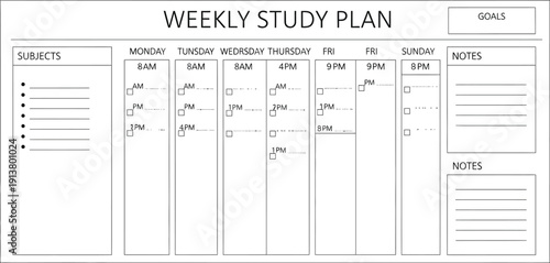 Weekly study plan template with daily schedule and notes section for organization and productivity