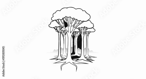 Stark, stylized forest of trees with prominent roots and canopy
