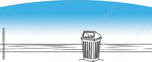 Simple line drawing of a trash can with debris against a blue sky backdrop
