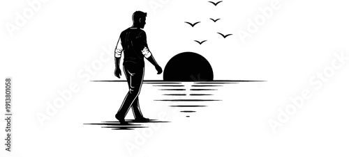 Silhouette of a person walking towards a setting sun over water, with birds flying