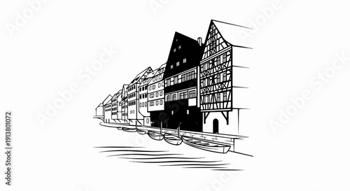 Sketch of historic waterfront buildings and boats along a canal