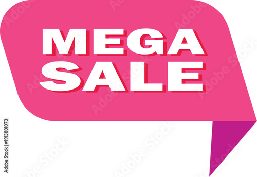 Pink and purple speech bubble with mega sale text in white
