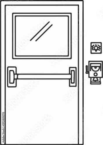 Simple line drawing of an emergency exit door with push bar and intercom
