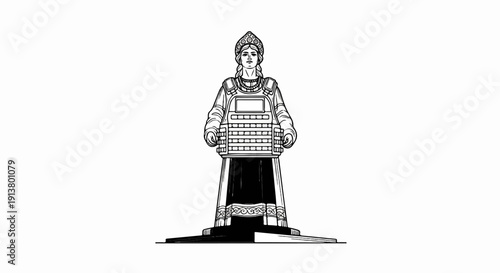 Statue of a woman in traditional attire and tactical vest on a pedestal