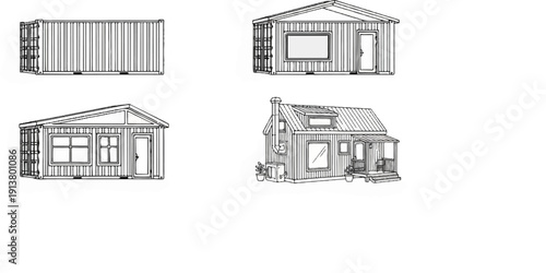 Sketch of portable modular homes and a shipping container