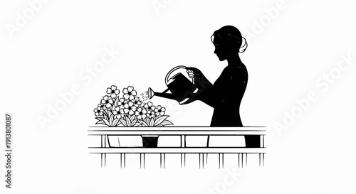 Silhouette of a person watering a flower bed on a balcony