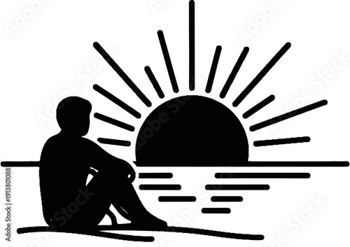 Silhouette of a person watching a sunrise over a calm body of water