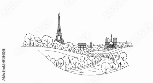 Sketchy line drawing of a Parisian cityscape with trees and a river